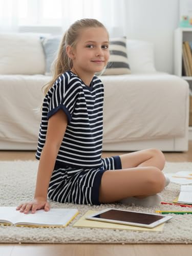 Image of Girls Summer Outfits Striped T-Shirt & Shorts Set for 5-14Y | Kids 2 Piece Clothing, Breathable Textured Tops and Bottoms with Pockets, Great for Casual Wear, School, Sports or Vacation