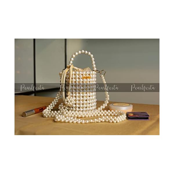 PEARLFIESTA Pearl Bags for Women with Detachable Chain Handmade Pearl Handbags/Purses for Women/Girls Stylish Latest Ethnic Fashion Beaded Bags for Women Pearl Potli Pouch Bucket Bag - Cream - Image 3