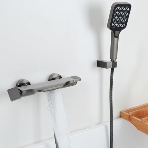 SHANFO Badewannenarmatur mit Handbrause, Wannenarmatur Wasserfall, Armatur Badewanne Set, Messing, Grau, 14Y7OK