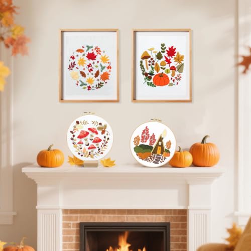 Image of 5 Sets Fall Embroidery Kit for Beginners Adults Embroidery Starter Kit Mushroom Maple Leaf Autumn Cross Stitch Kits Embroiderys Needlepoint Kits Include Instruction 2 Hoops Color Threads Needles