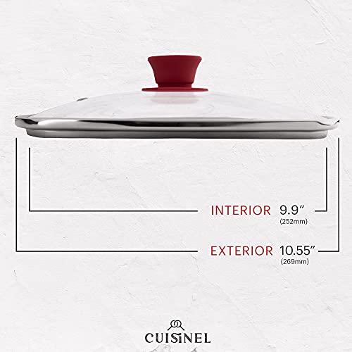 Square Glass Lid For Grill Pans With Steam Vent Hole - 10.5"-Inch/26.67Cm - Fits Lodge Cast Iron - Fully Assembled Universal Replacement Cover - Tempered And Oven Safe - Reinforced Stainless Steel Rim #TOP1