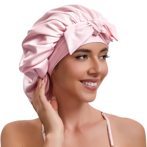 Tie Band Silk Satin Bonnet for Curly Women Sleeping Wrap : Hair Sleep Night Cap for Straight Wavy Coily Kinky Natural Head - Pink