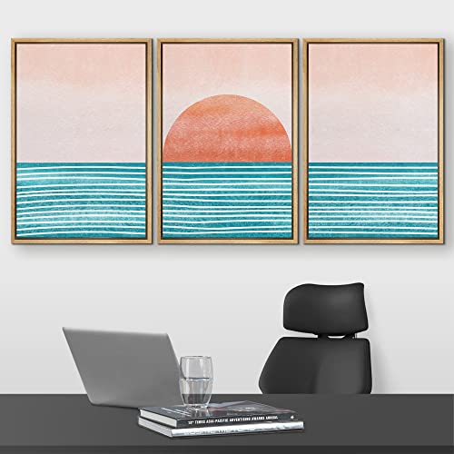 Wall26 Framed Canvas Print Wall Art Set Mid-Century Ocean Sunset Sun Horizon Nature Abstract Illustrations Modern Art Bohemian Decorative For Living Room, Bedroom, Office - 16"X24"X3 Natural #TOP1