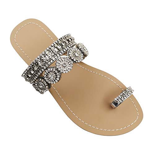 Image of Women's Rhinestone Flat Sandals, Women Flip Flops with Clip Toe RingBeadeed Rhinestone Crystal Jeweled Sandal Shoes for Summer Beach Oceanside Holiday Outdoor