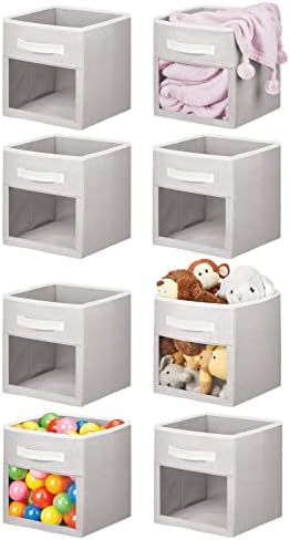 mDesign Fabric Nursery/Playroom Closet Storage Organizer Bin Box with Front Handle/Window for Cube Furniture Shelving Unit, Hold Toys, Clothes, Diapers, Bibs, Jane Collection, 8 Pack, Light Gray/White