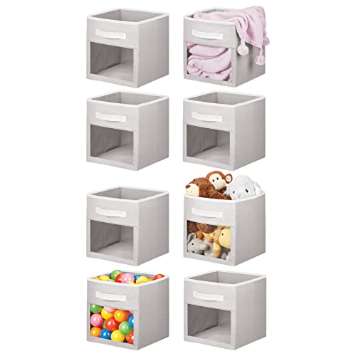 Mdesign Fabric Nursery/Playroom Closet Storage Organizer Bin Box With Front Handle/Window For Cube Furniture Shelving Unit, Hold Toys, Clothes, Diapers, Bibs, Jane Collection, 8 Pack, Light Gray/White #TOP2