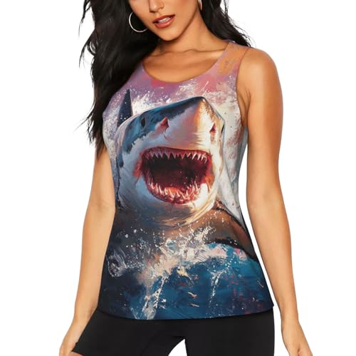 Bedbliss Blue Shark Print Workout Tank Tops for Women Sleeveless