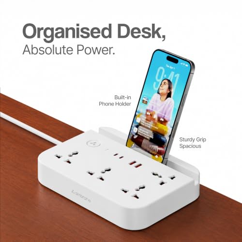 Image of Ambrane Extension Board, 2 Type C, 2 USB, 4 International AC Sockets, Mobile Stand, 2500W Output, Surge Protection, Child Safety, 1.2m Long Cable for Office, Home Appliances (Smartstrip 6, White)