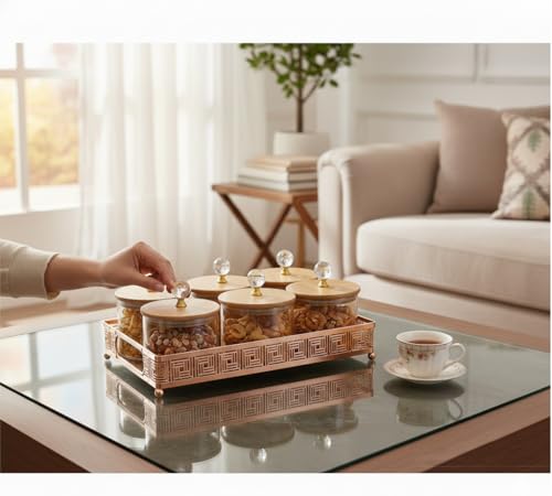 Image of Diwali Serving Dry Fruit Tray, 6 pcs Glass Container Serving Tray Set | 600 ML Each Premium Design Air-Tight Lid Copper Stand Organizer Bamboo jar Lid