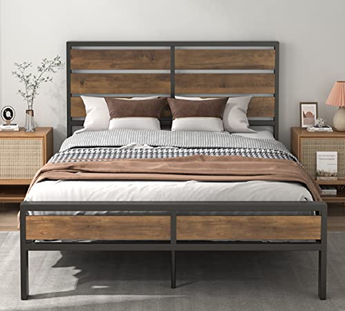 Allewie Rustic Queen Bed Frame with Wood Headboard & Footboard, Metal Platform Bed No Box Spring Needed, Noise Free Design, Underbed Storage, Rustic Brown