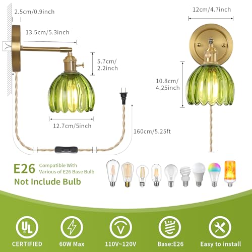 Image of Plug in Vintage Wall Sconces Set of 2 Green Living Room Wall Lights with Tulip Glass Shade 180 Adjustable with Switch and 4.9FT Plug in Cord Art Fixtures Decor for Bathroom Hallway