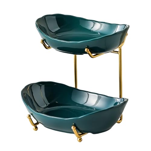 Présentoir à fruits en céramique avec 2 étages - Assiette à fruits en porcelaine à 2 niveaux - Corbeille à fruits avec support en métal pour cuisine, fruits, légumes, collations, bonbons