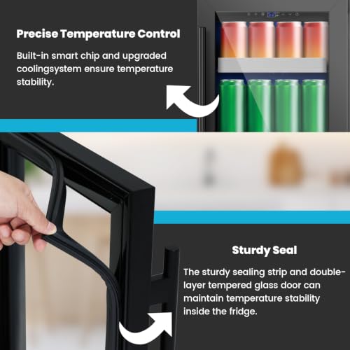 Image of 15 Inch Black Beverage Refrigerator, 130 Cans Beverage Cooler Under Counter,Freestanding 37-65F Mini Beverage Fridge with Glass Door& Stainless Steel Shelves