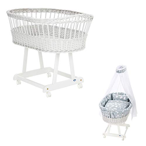 Alvi Stubenwagen Birthe weiß 80x46 cm mit Stubenwagenset Zootiere...