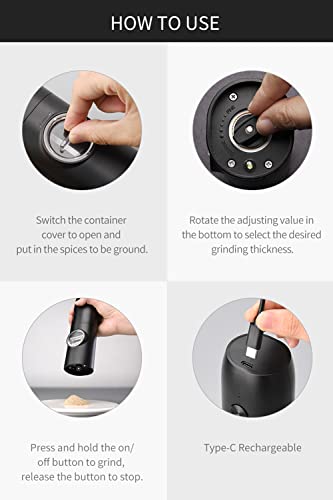 Electric Salt And Pepper Grinder Set, Usb Type-C Rechargeable No Battery Needed, Salt And Pepper Mill Set With Adjustable Ceramic Grinder, Automatic Black Peppercorn & Sea Salt Spice Mill Set (2 Pack) #TOP6
