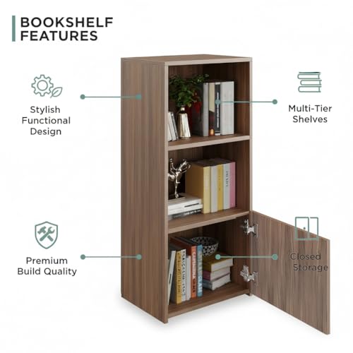 Image of FURNEASER Vivid Wooden Bookshelf Cabinet with Door & Open Shelves | Modern Bookcase Storage Organizer for Living Room, Bedroom & Office | Engineered Wood - DIY (Exotic Teak)