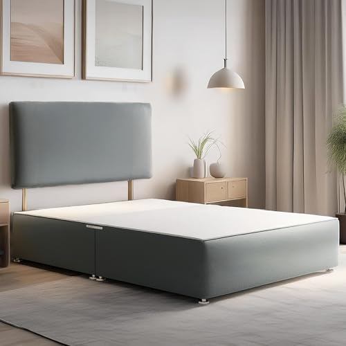 ComfoRest Double Divan Bed Base with Headboard - 4FT6 - (Grey Plush) - Simple Frame for Daily Use - Space-Conscious Option for Modern Bedrooms - No Mattress, No Drawers