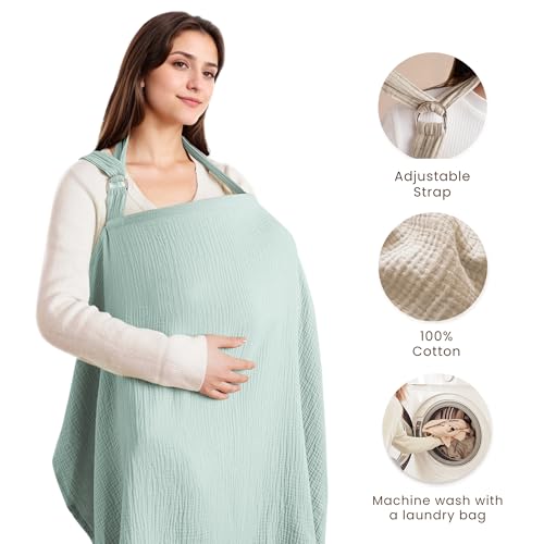 Image of Konssy Muslin Nursing Cover Up for Breastfeeding with Rigid Hoop | 100% Cotton Nursing Apron, Lightweight & Breathable, Carseat Canopy, Breast Feeding Covers for Women