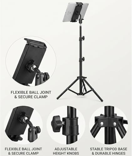 Image of Tab Stand Holder, Tablet Stand Floor Height Adjustable Tripod for Video Conferencing and Content Creation, Portable Tablet Holder with 55-120 cm Extendable Design