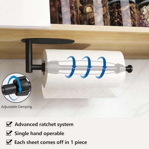 Image of Single Hand Operable Paper Towel Holder Under Cabinet with Damping Effect, Self Adhesive Paper Towel Roll Holder Wall Mount for Kitchen Bathroom, SUS304 Stainless Steel, Black