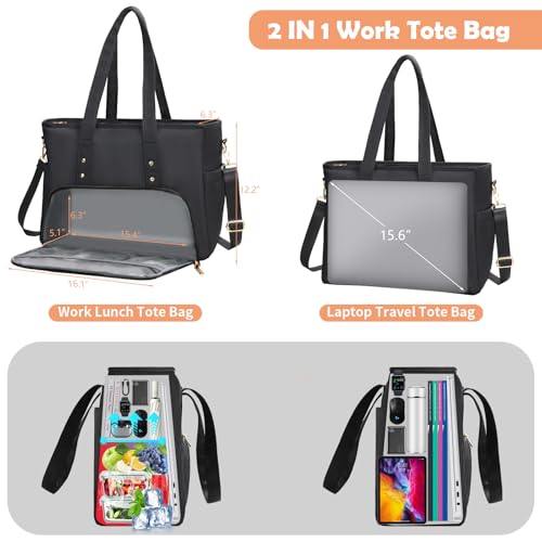 Jetviivid Laptop Tote Bag with Insulated Lunch Compartment, 15.6 Inch Work Bag Computer Handbag for Women, Lunch Tote for Office,Work, Nurse, Teacher, College, Casual,Travel, Black - Image 2