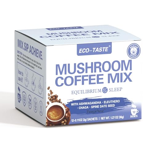 ECO-TASTE Mushroom Coffee Mix, Designed for Balance with Ashwagandha, Eleuthero, Chaga, Spine date seed – 12 Sachets