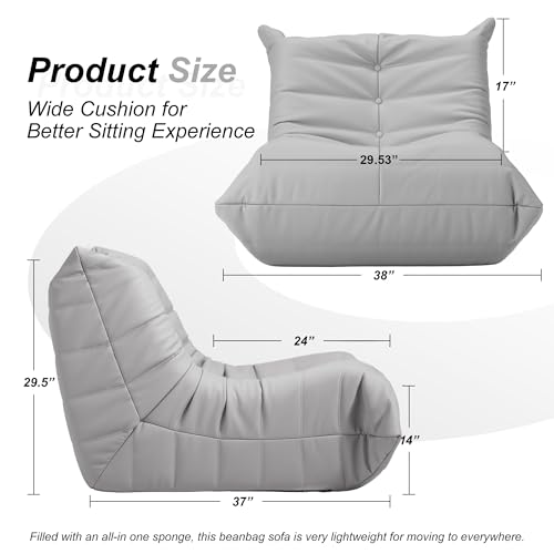 Image of Hobestluk Giant Bean Bag Chair Lazy Floor Sofa, Memory Foam Fireside Sofa for Adults, Big Beanbag Faux Leather Armless Chair for Living Room Bedroom Dorm Office (Light Grey, Single)