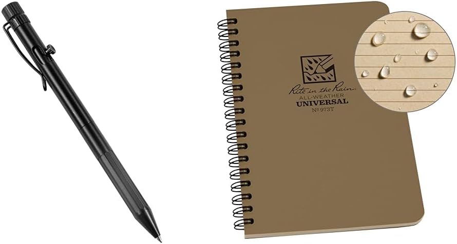 Rite in the Rain Weatherproof Bolt-Action Matte Black Metal Pen, Black Ink (No. BK16) & All-Weather Side-Spiral Notebook, 4 5/8" x 7", Tan Cover, Universal Pattern