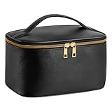 Travel Makeup Bag with Brush Compartment, Large Cosmetic Bags with 12 Pockets, Waterproof PU Leather Makeup Case with Handle, Water-Resistant for Women (Black)