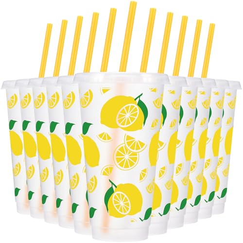 Havawish 12 Pcs Lemon Plastic Cups for Summer Hawaii Party Supplies 24 oz Reusable Clear Glitter Fruit Cup with Lids and Straws Fresh Drinking Juice Cup for Lemon Party Supplies Decor Wedding Holiday by Havawish - Used condition - US$14.05