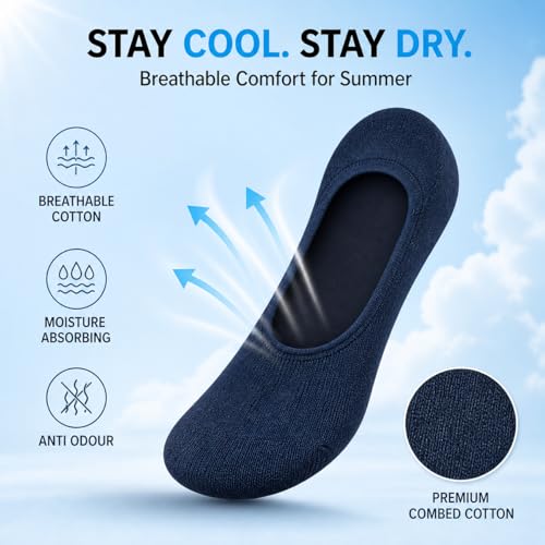 Image of XJARVIS Men No Show Loafer Socks | Invisible Low Cut Cotton Socks with Anti Slip Heel Grip | Breathable, Sweat Absorbent & Anti Odour Summer Socks for Sneakers & Shoes