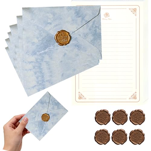 Carta da Lettere con Busta Vintage – Set Completo 6 Buste + 20 Fogli A5 14,5x21cm + 6 Sigilli Decorativi – Carta Pergamena da Scrivere per Lettera Romantica, Matrimonio, Inviti (Blu)