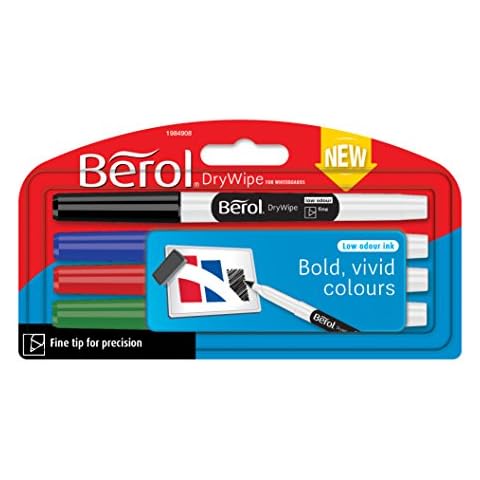 Berol Dry Wipe Whiteboard Marker Pens | Fine Tip | Black Ink Dry Erase Markers | 4 Count Cover
