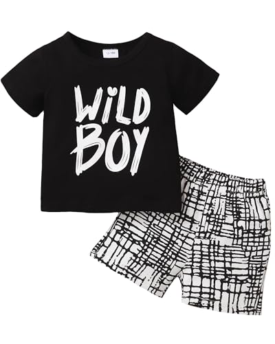 Kucnuzki Toddler Baby Boy Clothes Summer Outfits Short Sleeve Letters Printed Shirt Shorts Sets 2PC Little Boy Clothing (Black 2-3T)