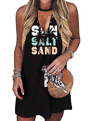 Image of Sun Salt Sand Coconut Tree Tank Mini Dress for Women Sleeveless Beach Praty Shirts Summer Vacation Short Mini Dresses