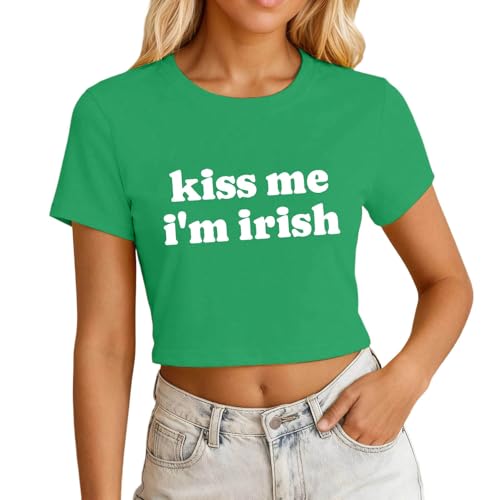 Kiss Me Im Irish Graphic Shirt Women St Patricks Day Baby Tee Shamrock Cropped T-Shirt Short Sleeve Funny Casual Y2k Crop Top,Green,Small