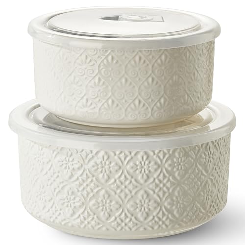 Metahom Ceramic Bowls with Lids Set of 2 Nesting Bowls for Work Lunch Meal Prep Food Storage Containers for Soup Salad Cereal Microware & Dishwasher Safe 6 & 7 Inch 29 & 47 Oz White