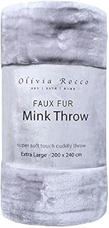 Olivia Rocco Super Soft Raschel Sofa Bed Throw, Faux Fur Mink Blanket Settee Throws, Double King Size, Silver, X Large 200 x 240 cm