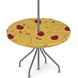 Axurera Mantel redondo para exteriores con agujero para paraguas y cremallera, mariquitas rojas en remolinos de plantas, mantel ajustable con elástico, impermeable, se limpia con un paño, se adapta a