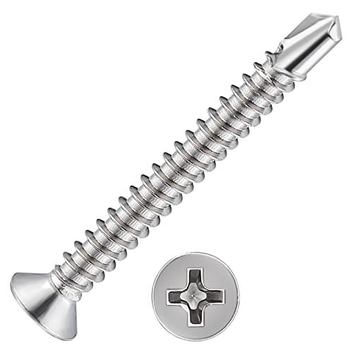 Wensilon（200Pcs）#8×1-1/2”For Sheet Metal Self-Tapping Screws 410 Stainless Steel Flat Head High-Strength Quick Self-Drilling Screws #TOP18