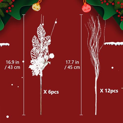 IPOPU クリスマスグリッターブランチセット、ホワイトギルターベリーフラワーステムと人工カーリーウィローピック、クリスマスツリーリースデコレーション花瓶フィラーホリデーセンターピース(ホワイト) [2]