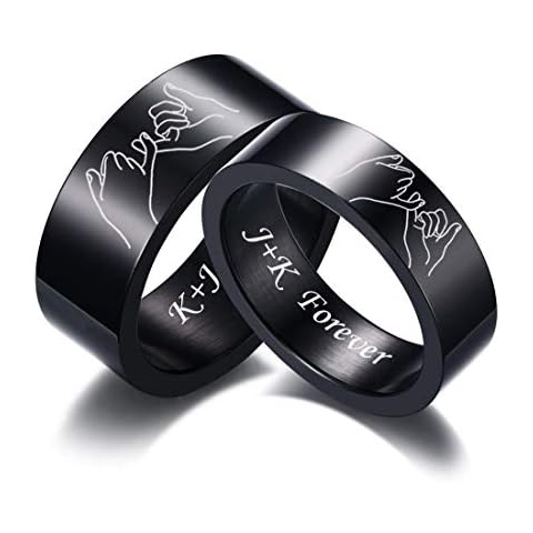 MZZJ Couple Matching Ring Pinky Promise Pinky Swear 8MM&6MM High Polish Minimalist Classical Stainless Steel Initial Flat Wedding Band Set,Anniversary Birthday Gift for Him Her,Black Cover