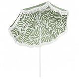 Outsunny Sombrilla de Playa con Flecos Ø180 cm, Sombrilla de Terraza Exterior con Altura Ajustable, Inclinación, Anclaje Arena y Bolsa de Transporte, UPF30+, Estampado de Hojas, Verde