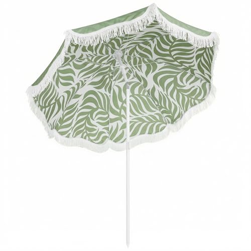 Outsunny Sombrilla de Playa con Flecos Ø180 cm, Sombrilla de Terraza Exterior con Altura Ajustable, Inclinación, Anclaje Arena y Bolsa de Transporte, UPF30+, Estampado de Hojas, Verde
