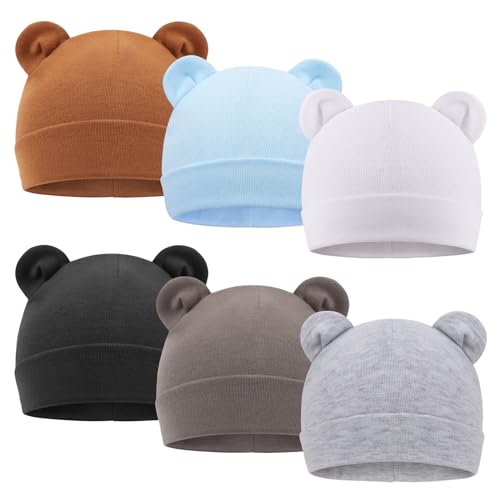 Image of DRESHOW BQUBO 6 Pcs Preemie Hats Cotton Newborn Baby Beanie Hospital Hat Bear Ears Infant Caps for Baby Boy Girls 0-6 Months