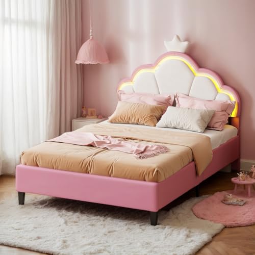 DAHUEN - Cama infantil acolchada 90 x 200 cm, cama individual para niña con iluminación LED y somier de láminas, cabecero ajustable en forma de corona, terciopelo, rosa, sin colchón (rosa, 90 x 200 cm