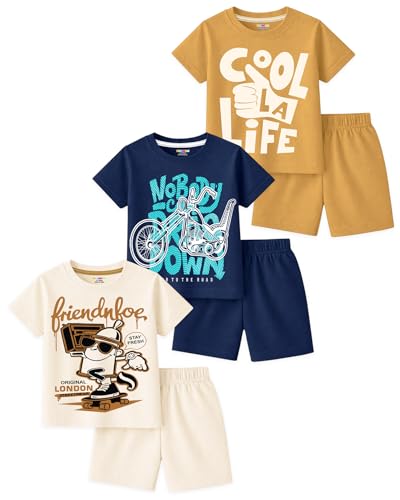 Image of Kuchipoo Boys Cotton T-Shirt & Shorts Set | Half Sleeve Round Neck Top with Elastic Waist Shorts | Soft & Comfortable Casual Wear for Kids | Pack of 3