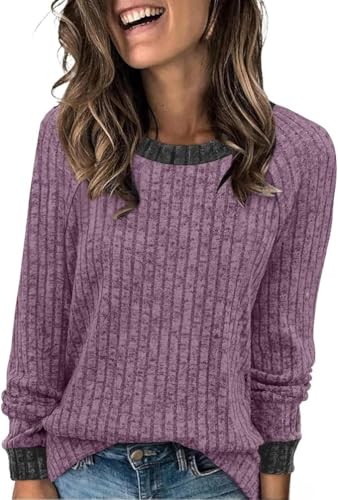 Crew Neck Sweater for Women Fall Winter Trendy Color Block Pullover Raglan Long Sleeve Ribbed Knit Tunic Tops (Dark Purple,Medium)