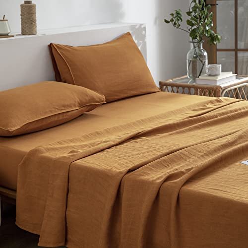 EVERLY Linen Sheets Set Twin Size,100% French Pure Linen Sheets Set,3Pieces (1Flat Sheet,1Fitted Sheet,1Pillowcase) Suitable for Hot Sleepers, Stonewash Deep Pocket Natural Bedding Set-Caramel