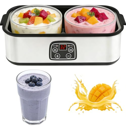 Yogurtera eléctrica de 2 litros con 2 tarros de Cristal, Pantalla LED, Temperatura Ajustable y Temporizador de 48 Horas, para Hacer Yogur probiótico lácteo y no lácteo